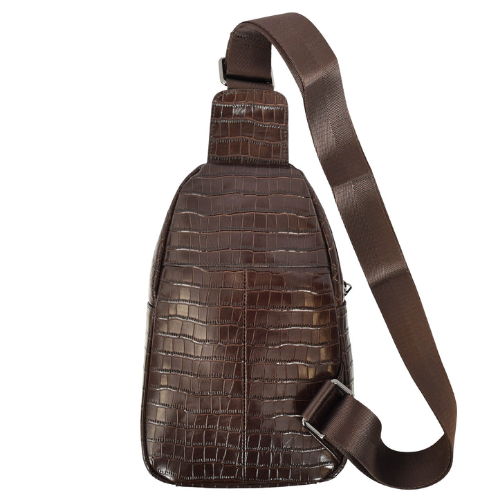 Men's Leather Sling Bag Crossbody Chest Pack Croc-Embossed Alden Brown 4