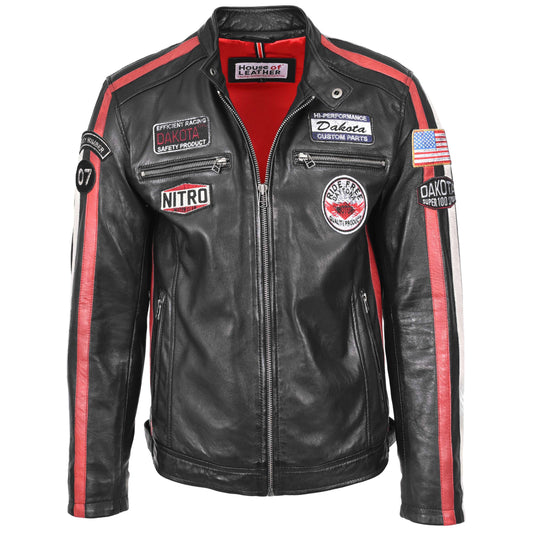 Mens Leather Biker Jacket Motorsport Logos Bobby Black