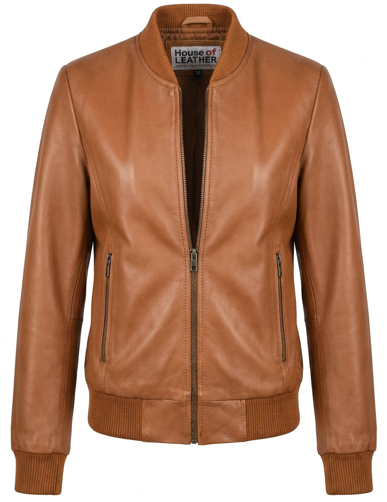 Womens Real Leather Varsity Bomber Jacket Faye Tan