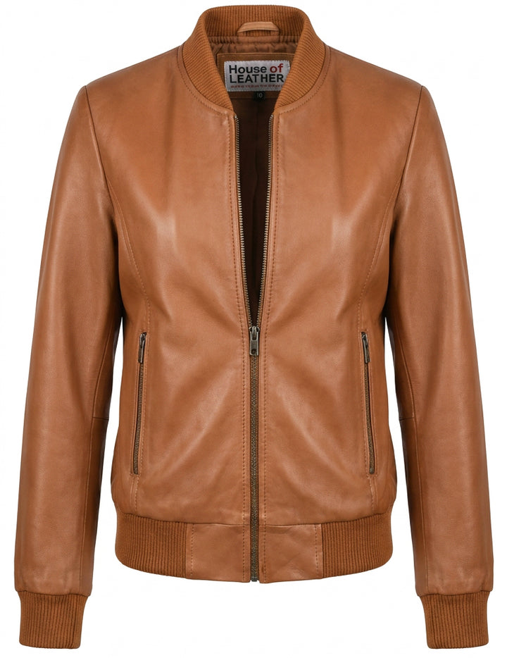 Womens Real Leather Varsity Bomber Jacket Faye Tan