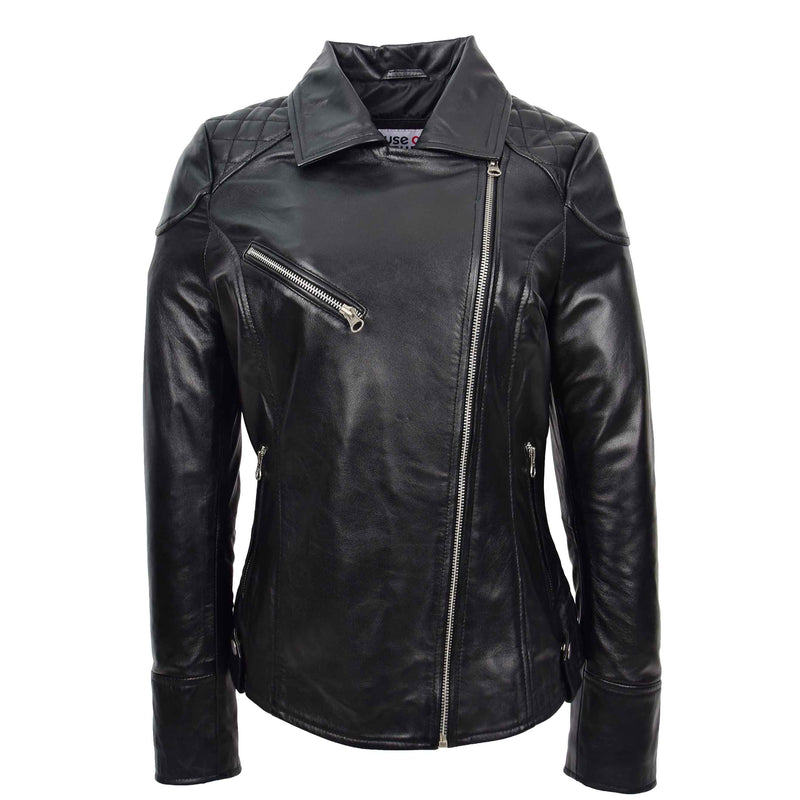Womens Real Leather Biker Jacket Cross Zip Pockets Cherry Black 4