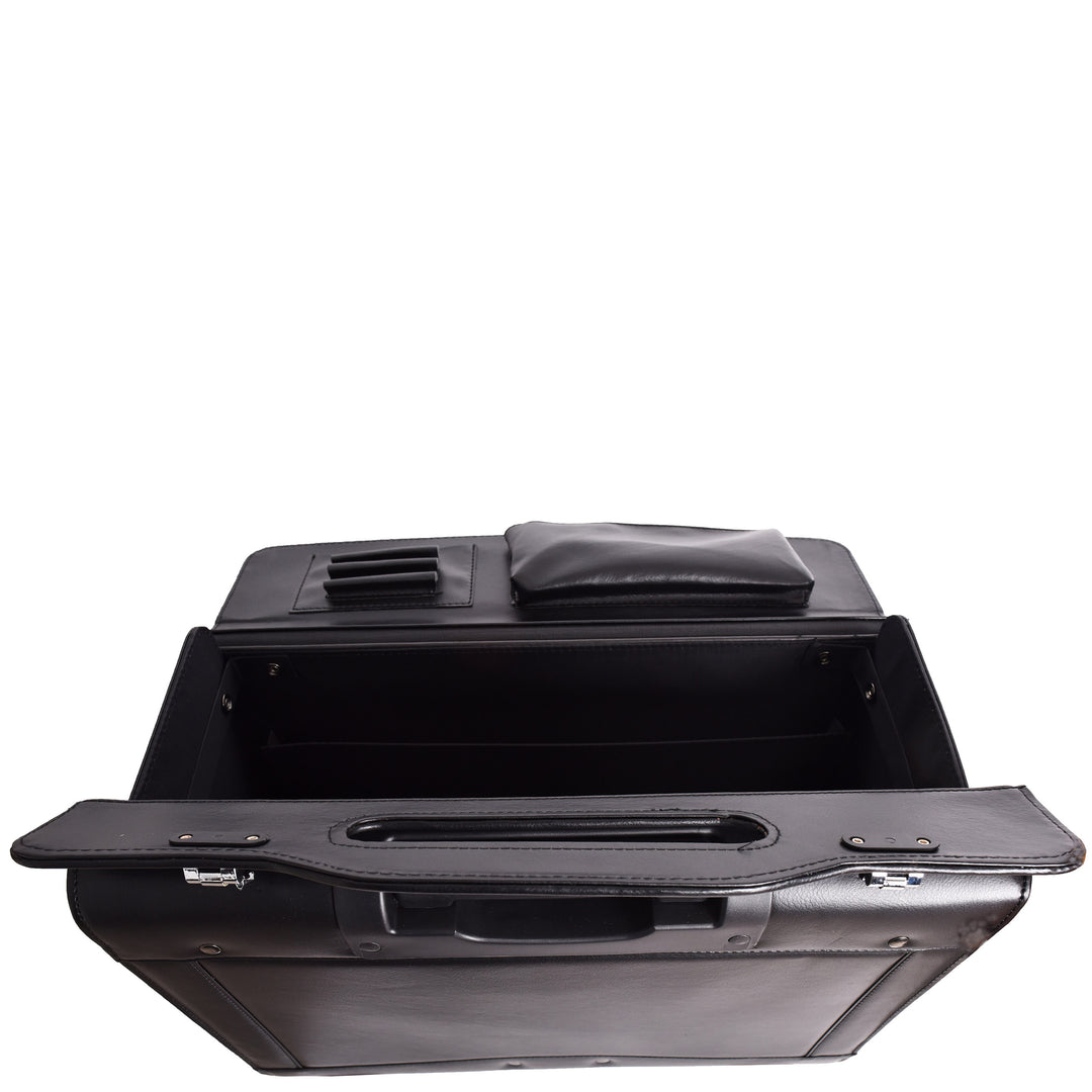 4 Wheel Spinner Leather Pilot Case Flight Carry on Cabin Bag HOL966 Black 12