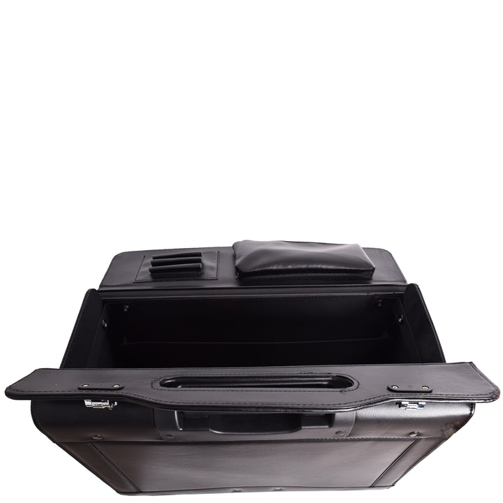 4 Wheel Spinner Leather Pilot Case Flight Carry on Cabin Bag HOL966 Black 12