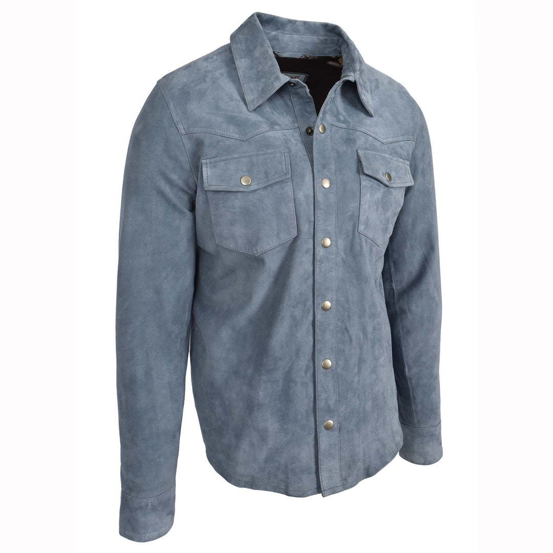Mens Real Goat Suede Shirt Western Trucker Jacket Oliver Denim Blue 