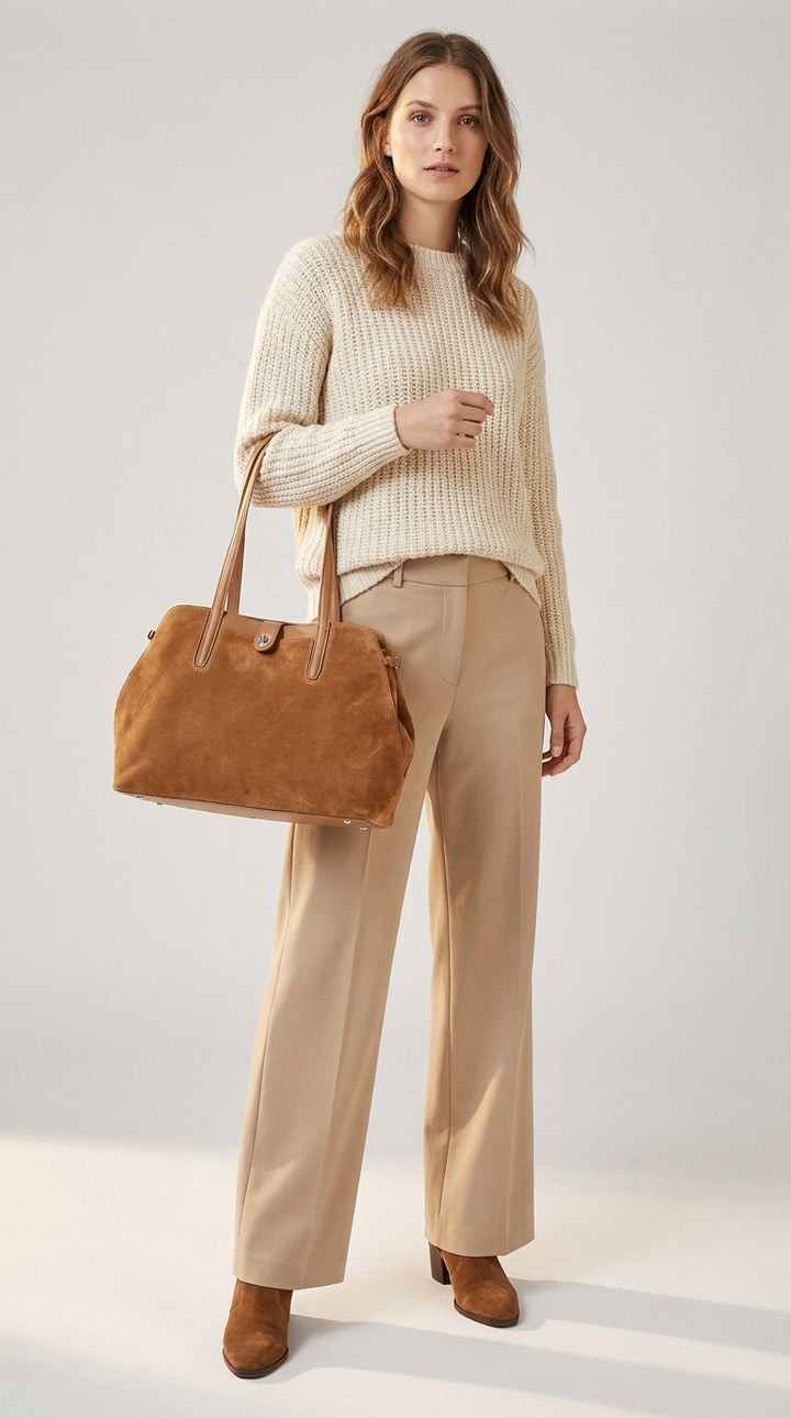 Womens Suede Tote Bag Elegant Shoulder Handbag Ilara Tan 2