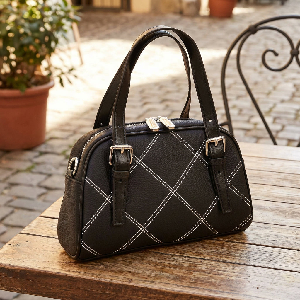 Women's Leather Satchel Handbag Quilted Stitch Design Anya Black 8