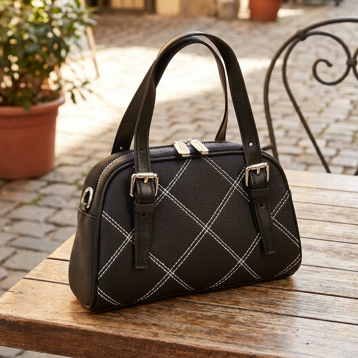 Women's Leather Satchel Handbag Quilted Stitch Design Anya Black 8