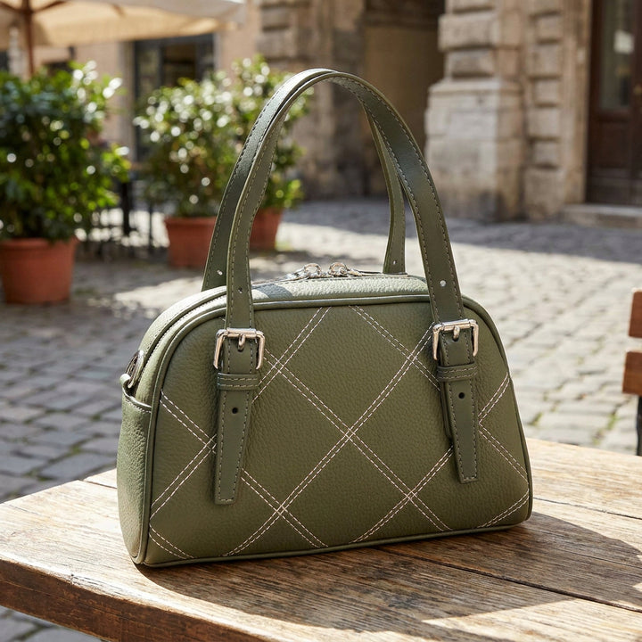 Women's Leather Satchel Handbag Quilted Stitch Design Anya Green 9