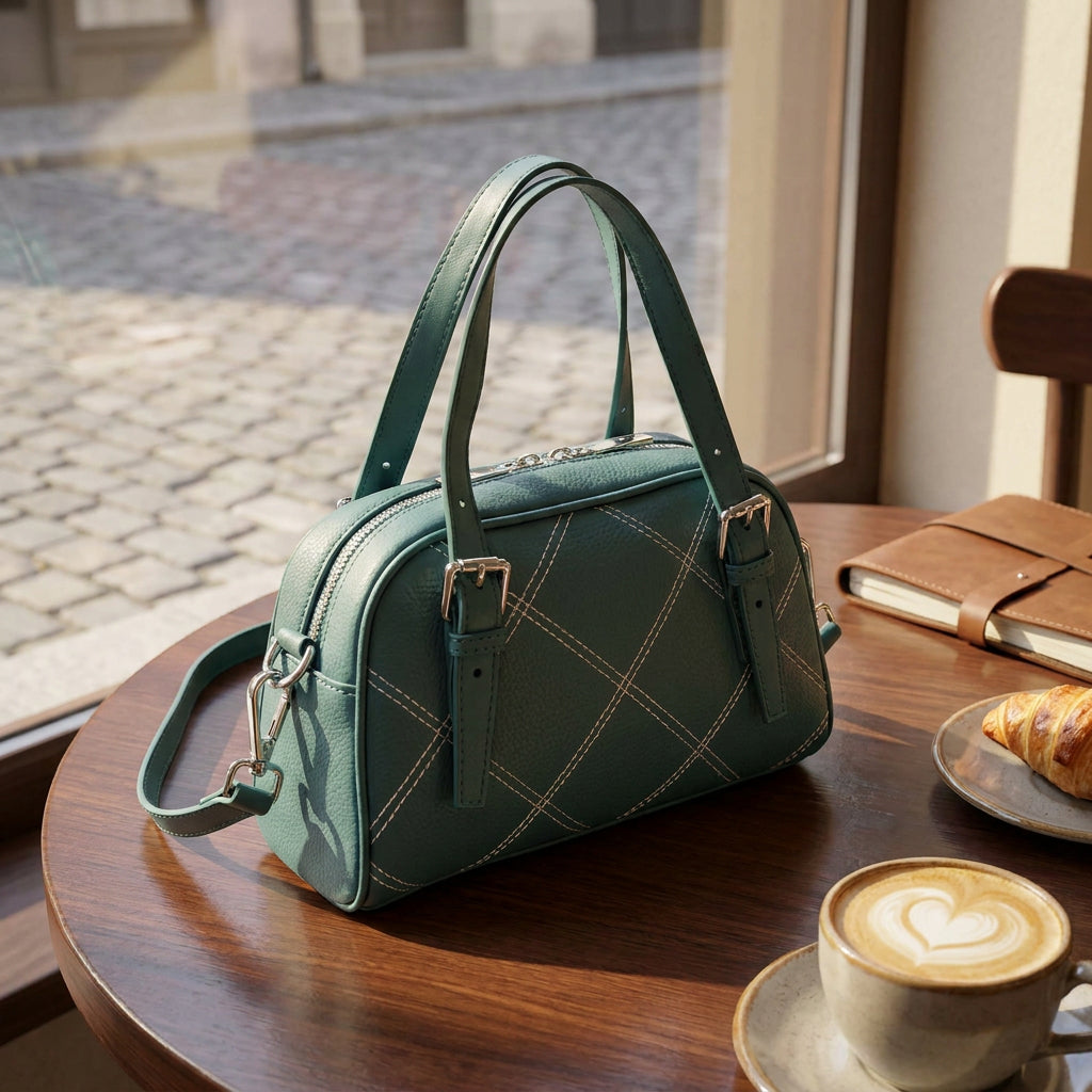 Women's Leather Satchel Handbag Quilted Stitch Design Anya Teal 9