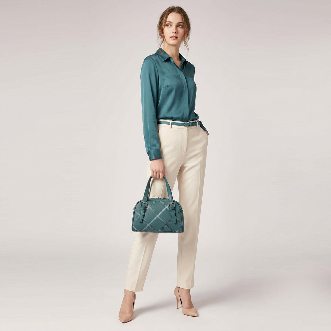 Women's Leather Satchel Handbag Quilted Stitch Design Anya Teal 8