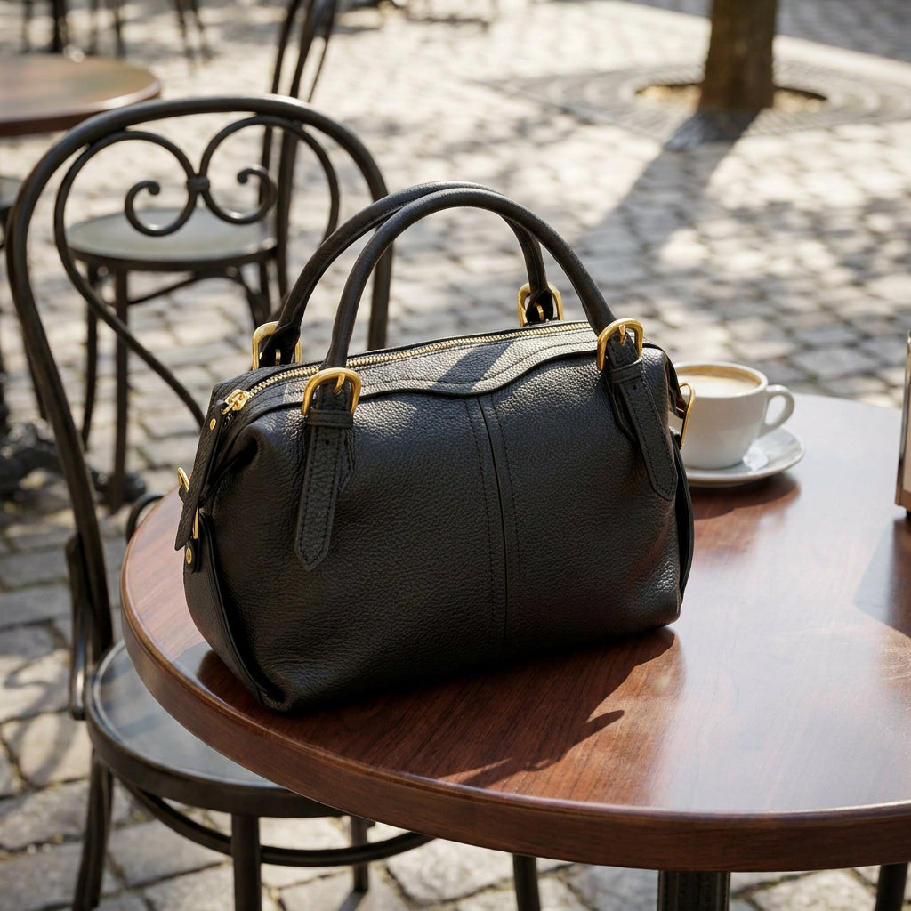 Women's Leather Satchel Handbag Top Handle Crossbody Purse Freya Black 10