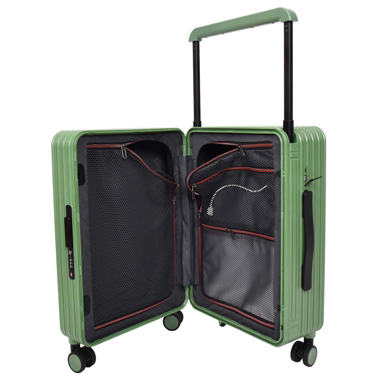 20" Cabin Size USB Port Suitcase Four Wheels Hard Shell Luggage Expedition Green-5