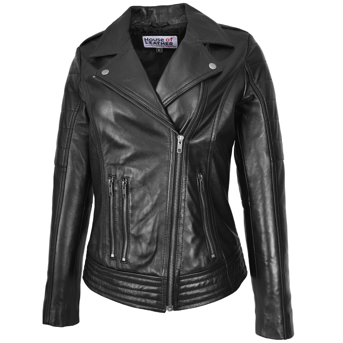 Womens Real Leather Biker Jacket Cross Zip Style Pam Black-5