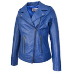 Womens Real Leather Biker Jacket Cross Zip Style Pam Blue-5