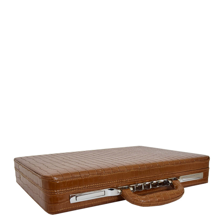 Croc-Print Brown Leather Classic Attaché Briefcase Bag Slim Line Dual Lock HOL87
