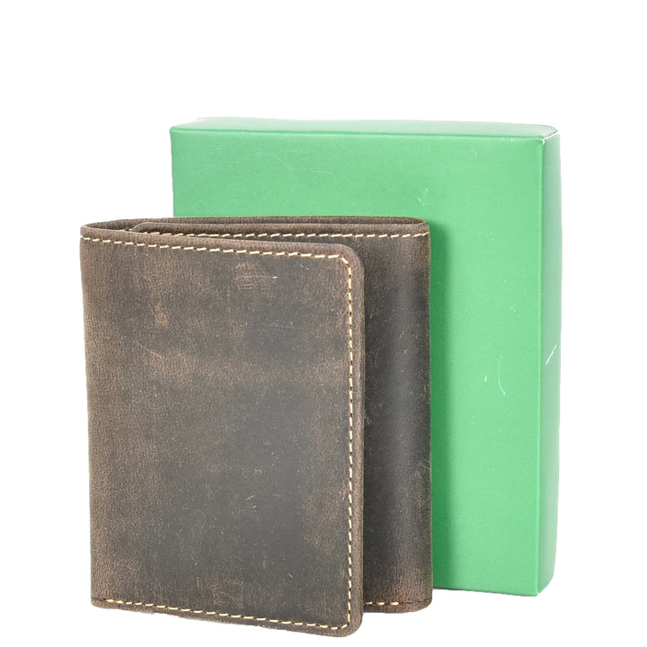 Mens Real Leather Tri-fold Wallet Credit Cards Banknotes ID Card RFID Blocking HOL700 Oil Brown