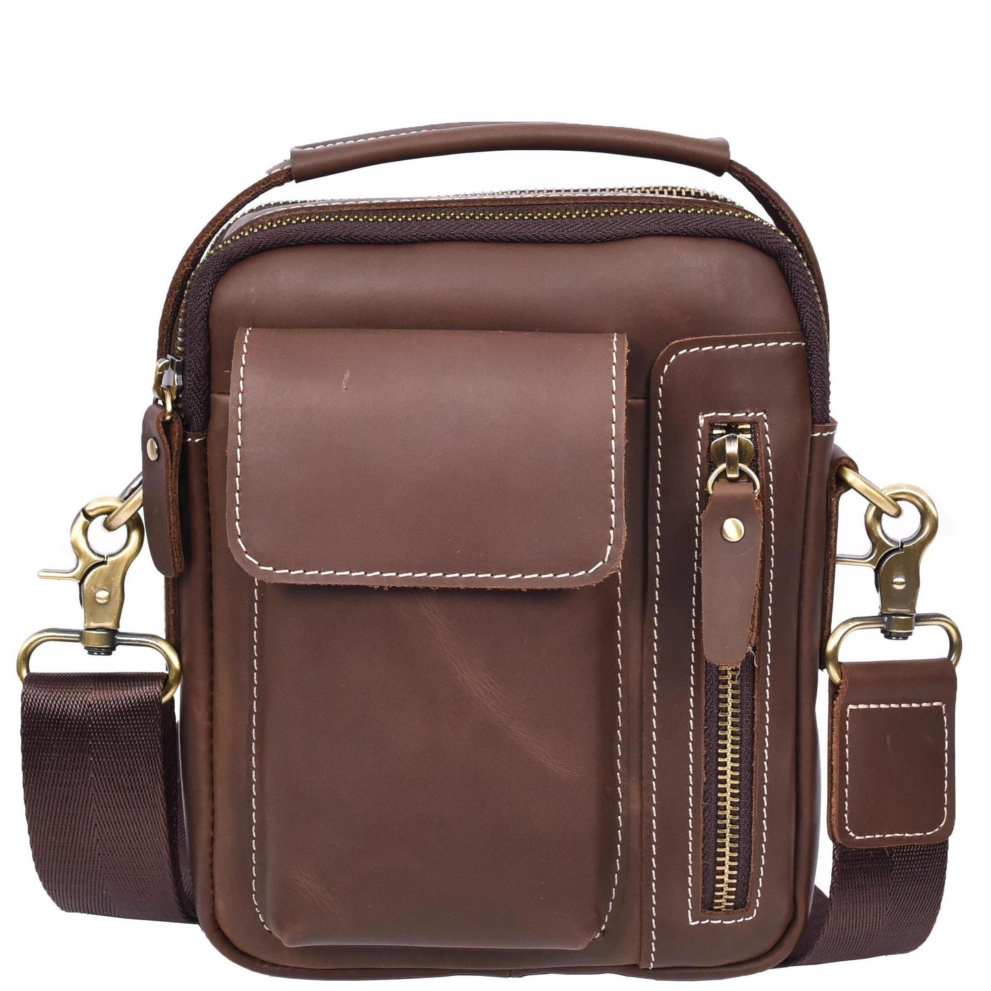 Mens Leather Small Cross Body Flight Bag Hudson Brown Hunter-3