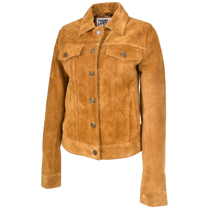 Womens Soft Suede Trucker Style Jacket Alma Tan