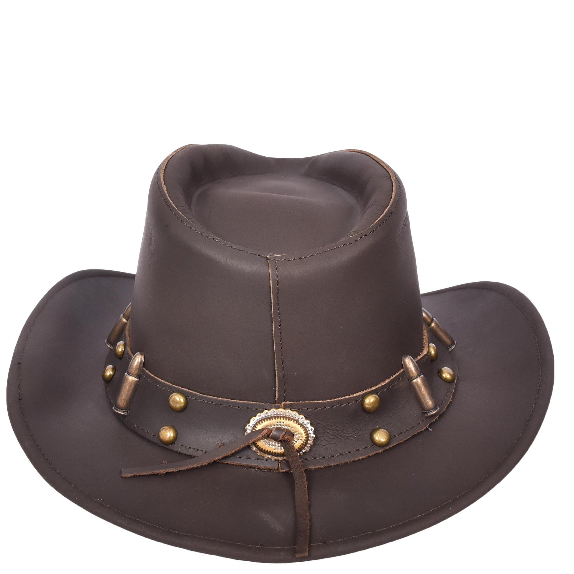 Real Leather Bullet Ornament Cowboy Western Australian Bush Hat HL3345 Brown-4