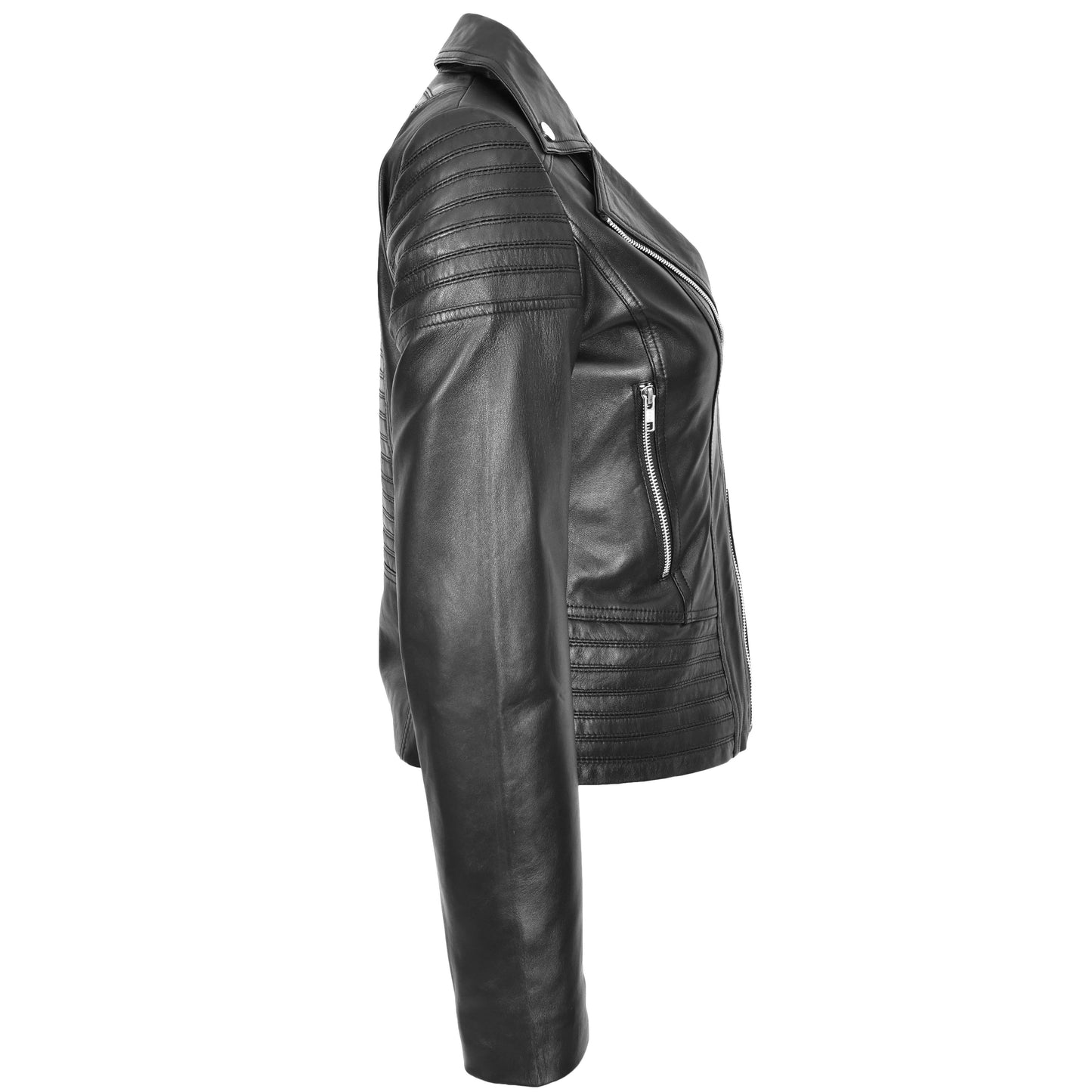 Womens Real Leather Biker Jacket Trendy Fitted Casual Style Emily Black-3
