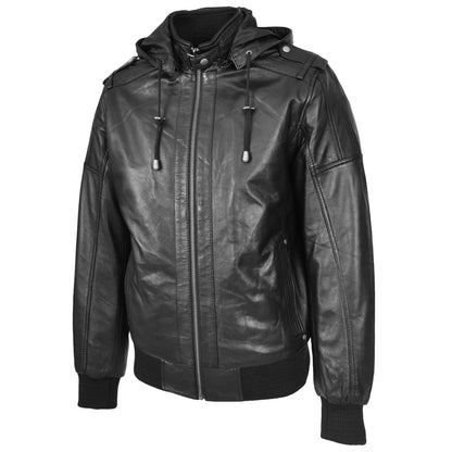 Mens Real Leather Bomber Jacket Trendy Removable Hood Style Reggie Black-5