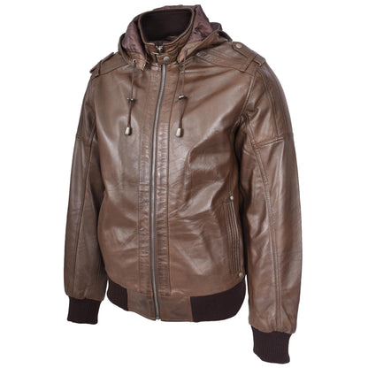 Mens Real Leather Bomber Jacket Trendy Removable Hood Style Reggie Brown-5