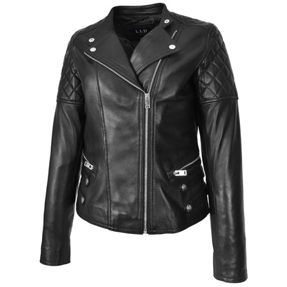 Womens Real Leather Biker Jacket Classic Cross Zip Style Molly Black-5