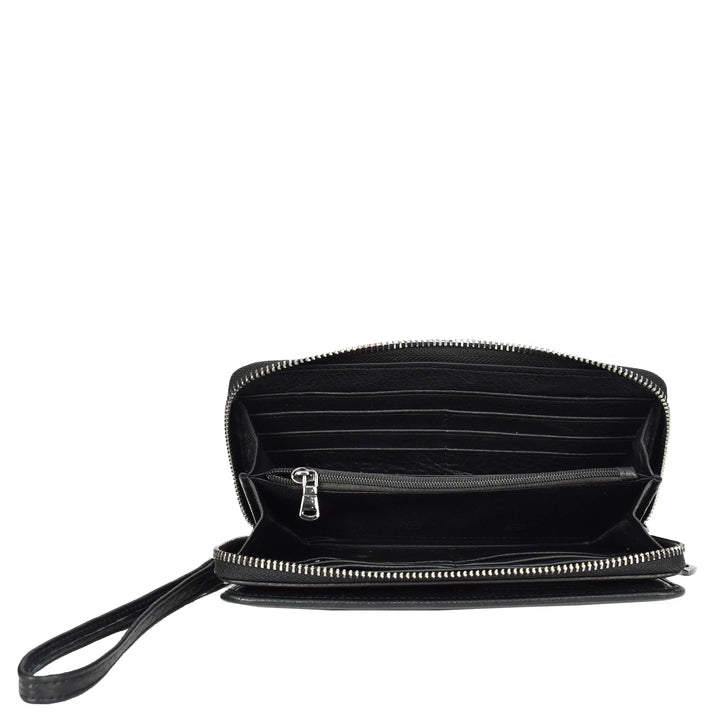 Genuine Leather Large Size Clutch Purse Coins Card Cash Travel Wallet Lorca Black