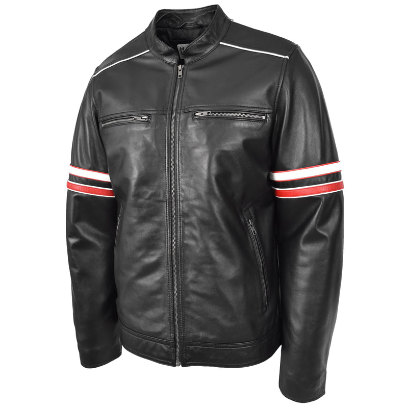 Mens Real Leather Biker Style Jacket Cafe Racer Multi Stripes Boxer Black-5