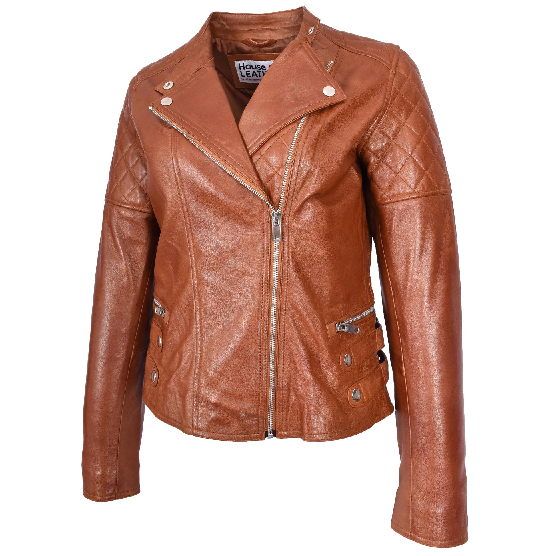 Womens Real Leather Biker Jacket Classic Cross Zip Style Molly Chestnut Tan-5