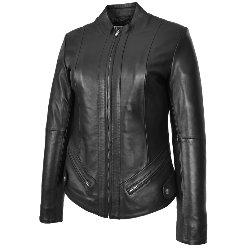 Womens Real Leather Slim Fit Biker Standing Collar Style Jacket Nibi Black-5