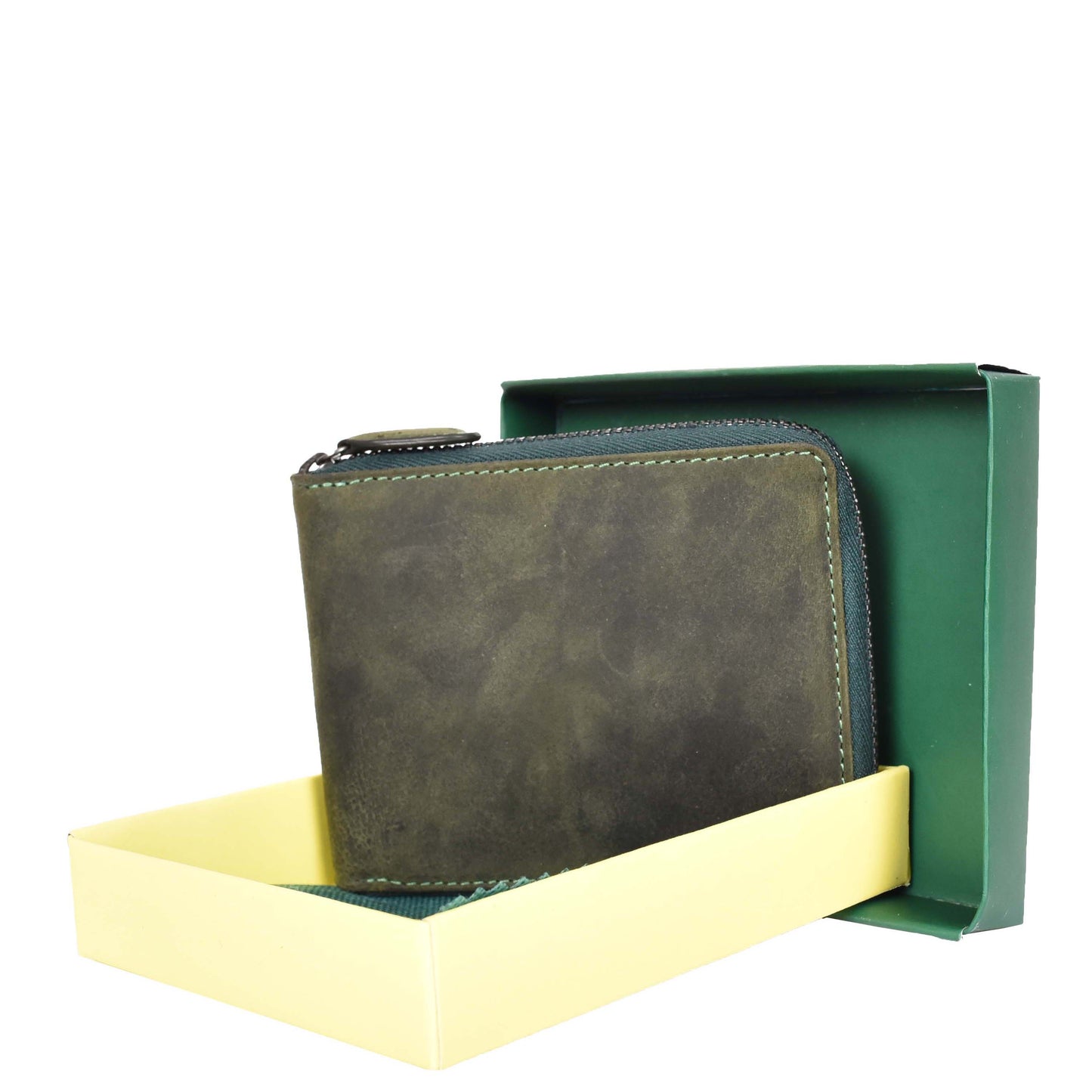 Mens Real Leather Hunter Zip Oiled Leather Wallet RFID HOL2207 Green-5