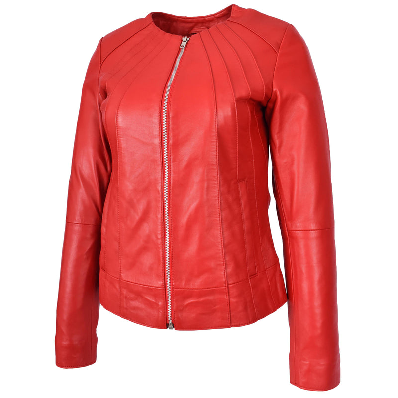 Womens Real Leather Collarless Jacket Classic Style Lottie Red-5