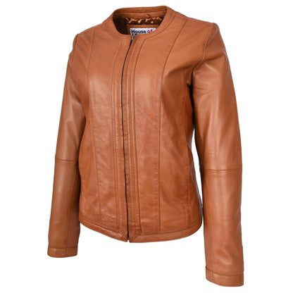 Womens Real Leather Collarless Fashion Jacket Slim Fit Style Clara Tan-5