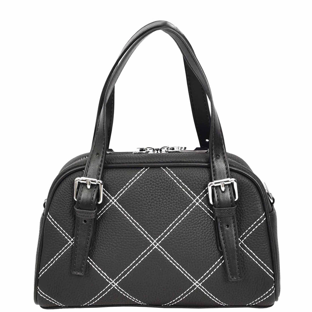 Women's Leather Satchel Handbag Quilted Stitch Design Anya Black 4