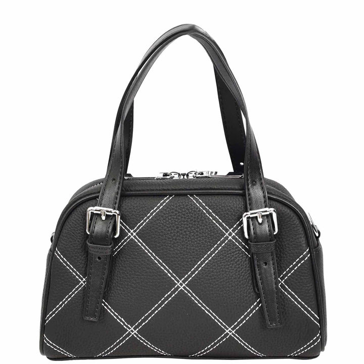 Women's Leather Satchel Handbag Quilted Stitch Design Anya Black 4