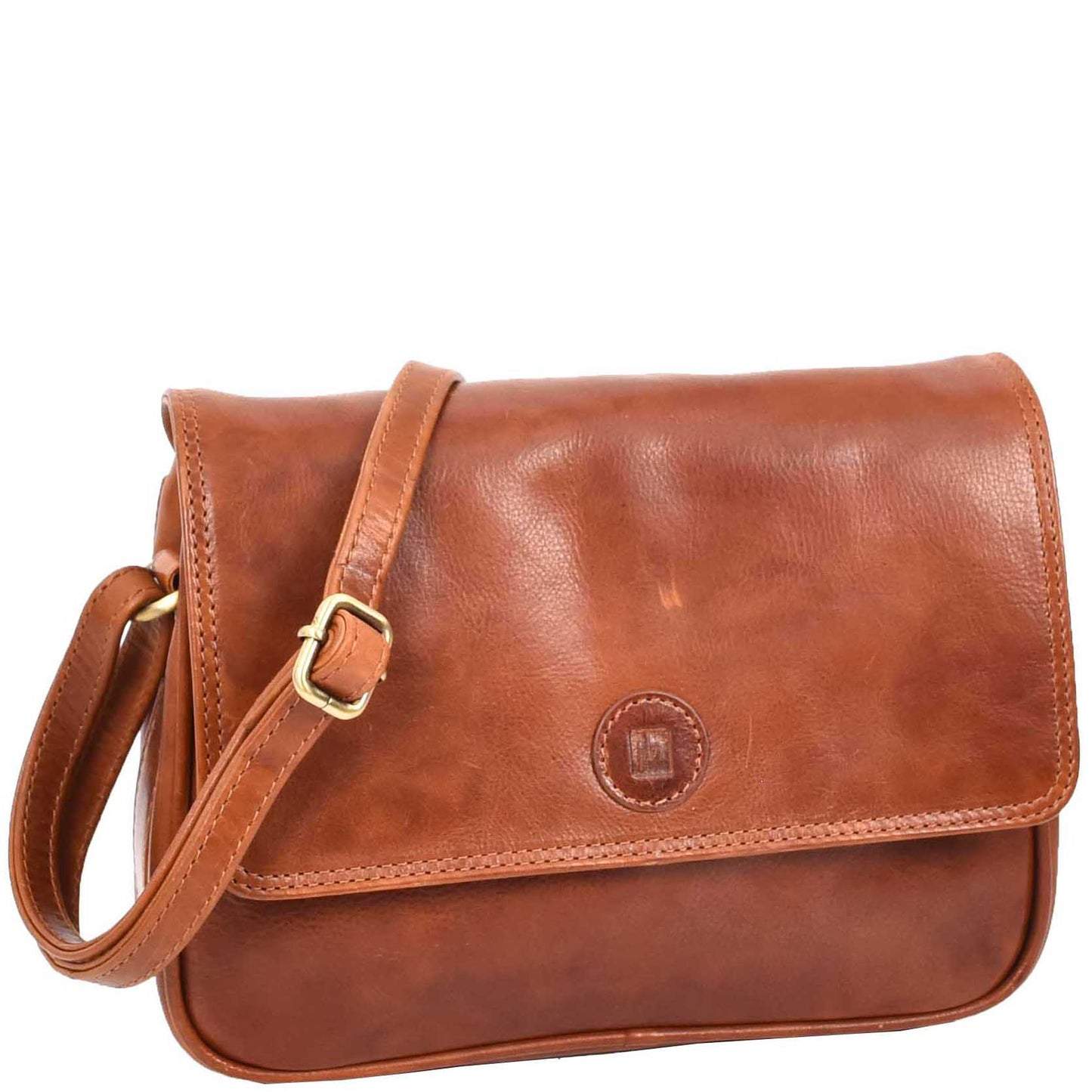 Womens Cross Body Real Leather Messenger Bag Flap HOL7002 Cognac 5