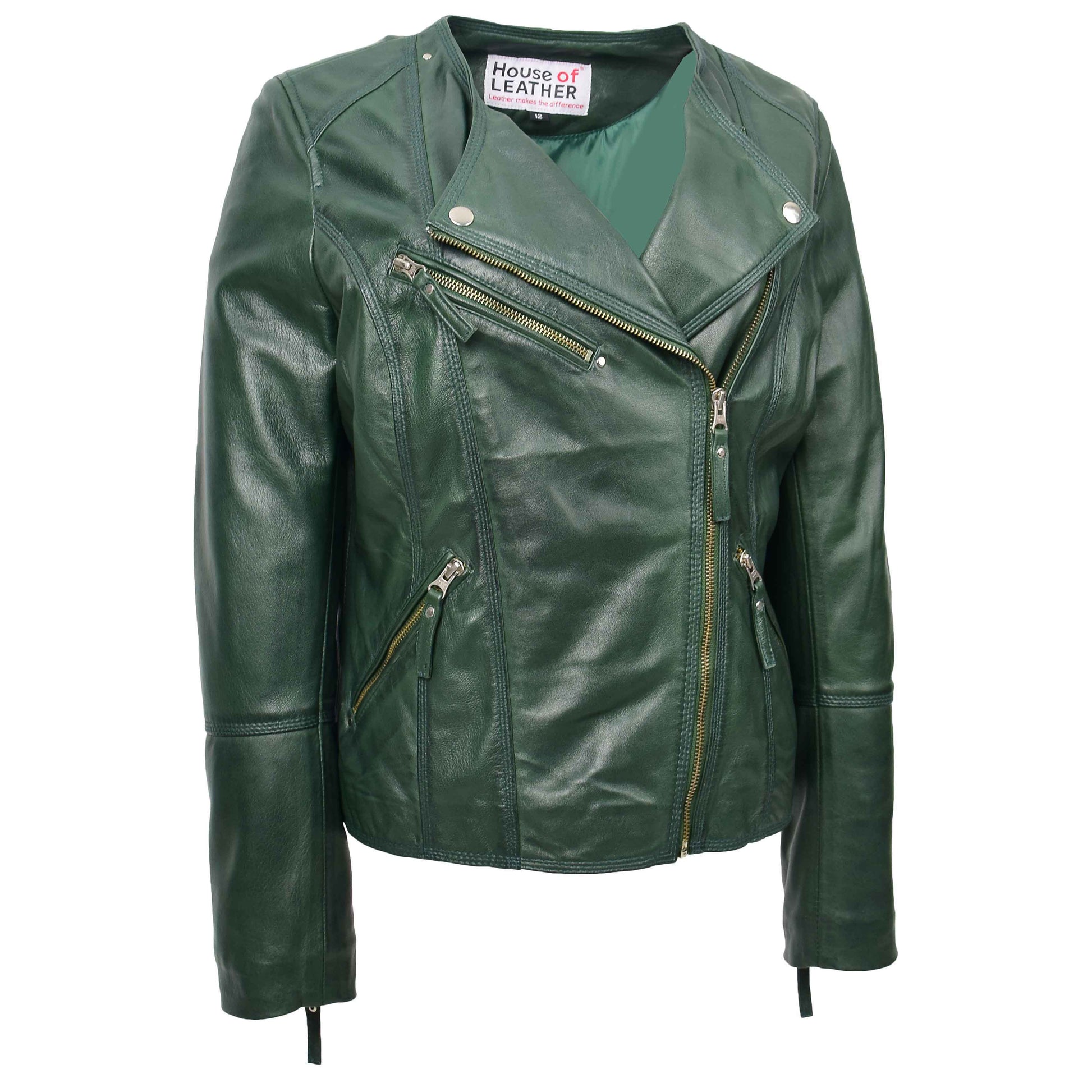 Womens Leather Casual Biker Jacket Cross Zip Shelly Green 5