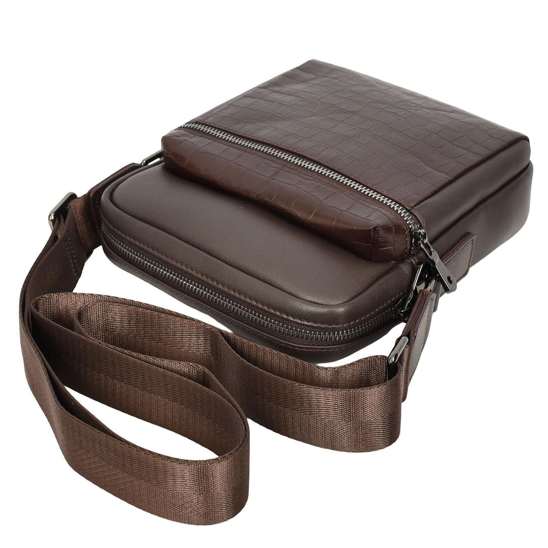 Mens Real Leather Croc-Print Crossbody Bag Casual Messenger Flight Pouch Delmon Brown