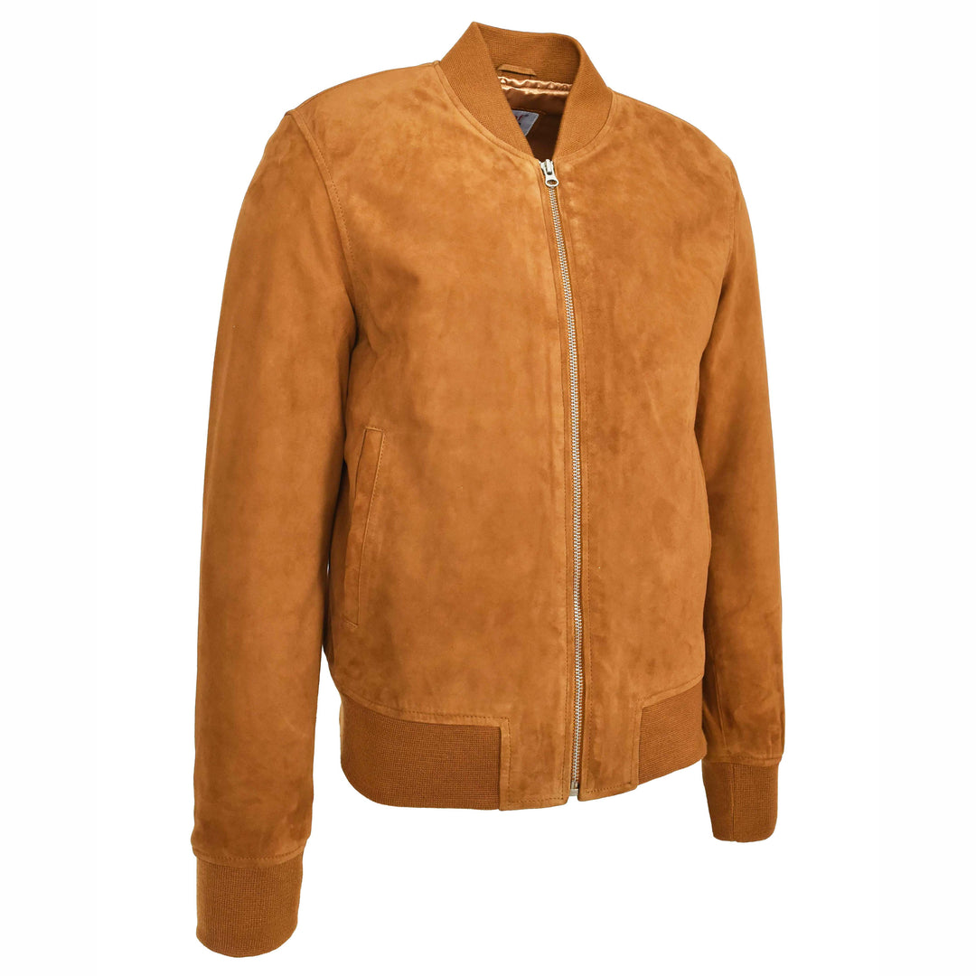 Mens Real Goat Suede Bomber Jacket MA-1 Varsity Design Ryan Cognac