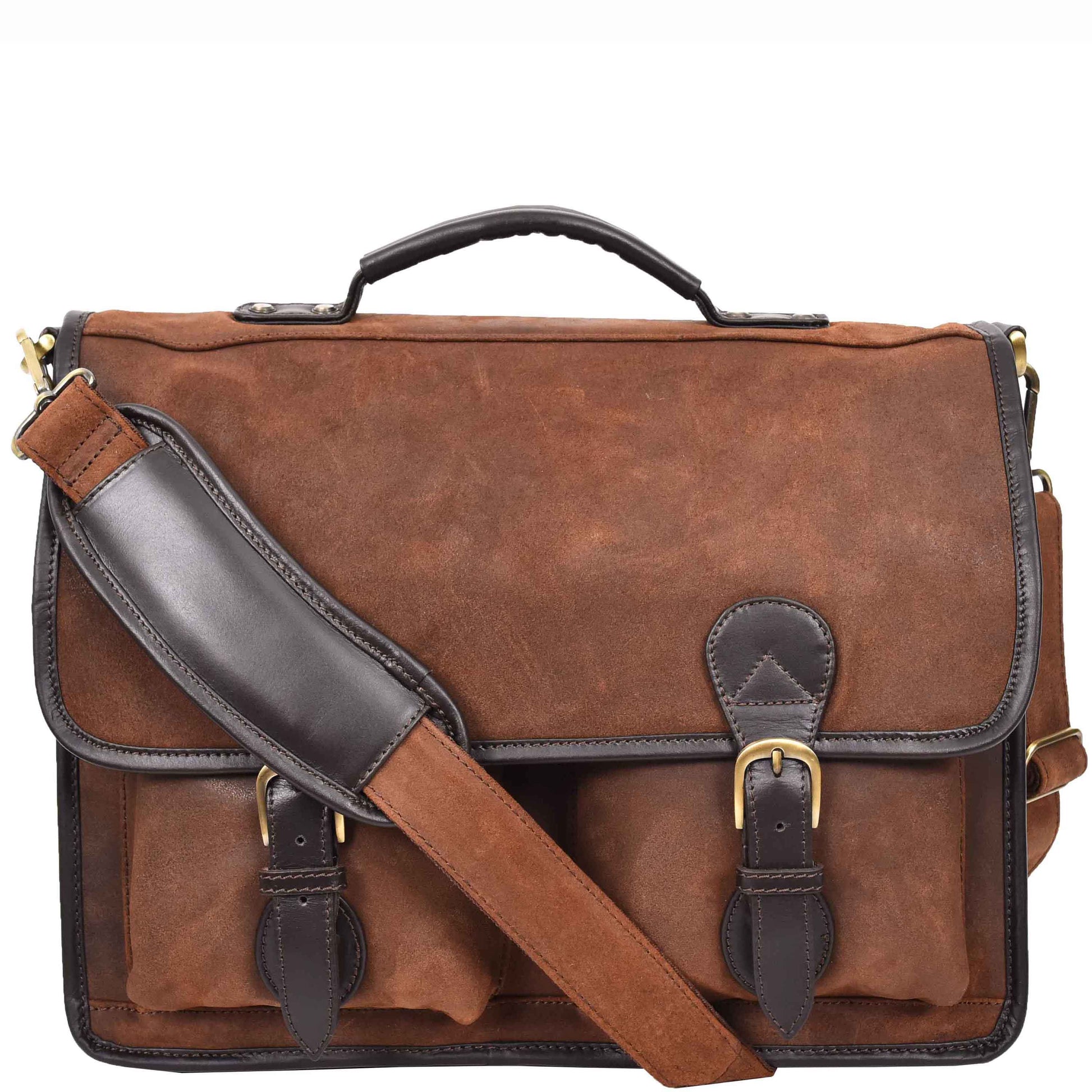 Mens Real Leather Organiser Laptop Bag Vintage Brown Briefcase Finn 5