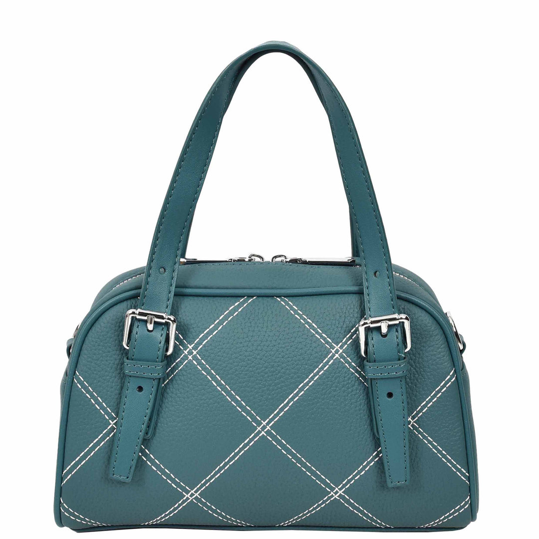 Women's Leather Satchel Handbag Quilted Stitch Design Anya Teal 3