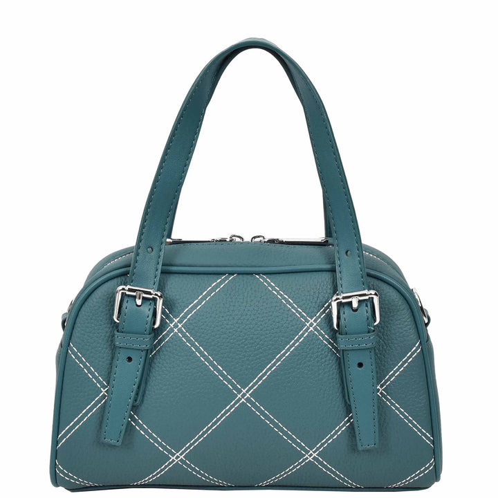 Women's Leather Satchel Handbag Quilted Stitch Design Anya Teal 3