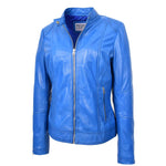 Womens Real Leather Biker Jacket Zip up Casual Connie Blue 5