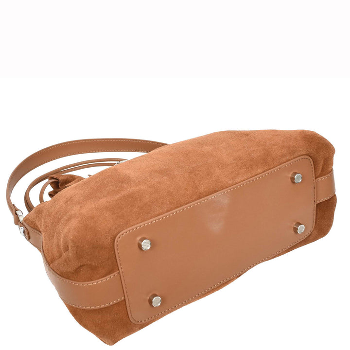 Women's Real Suede Hobo Shoulder Bag Side Tassel Solana Tan 5