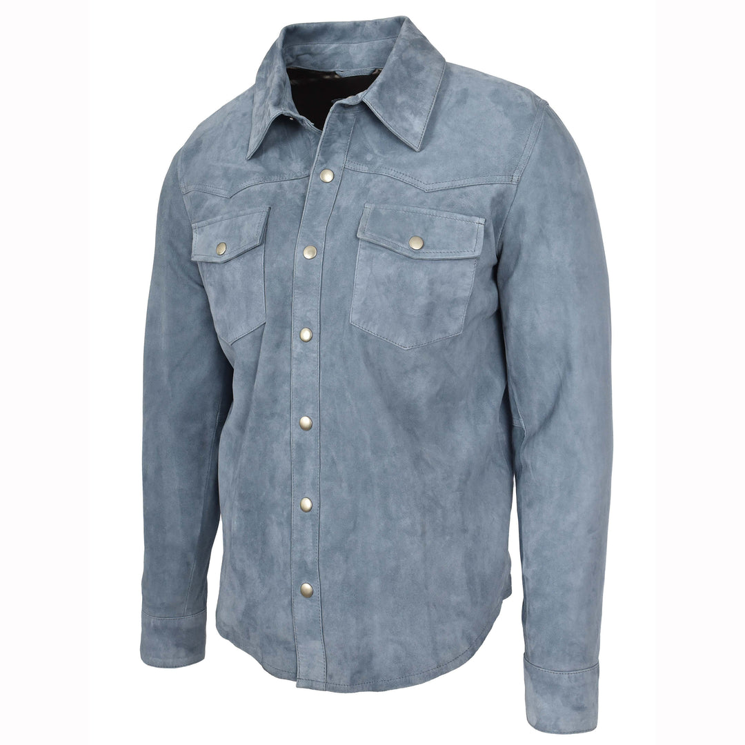 Mens Real Goat Suede Shirt Western Trucker Jacket Oliver Denim Blue 5