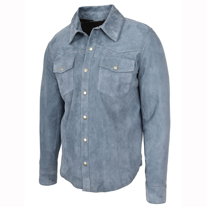 Mens Real Goat Suede Shirt Western Trucker Jacket Oliver Denim Blue 5