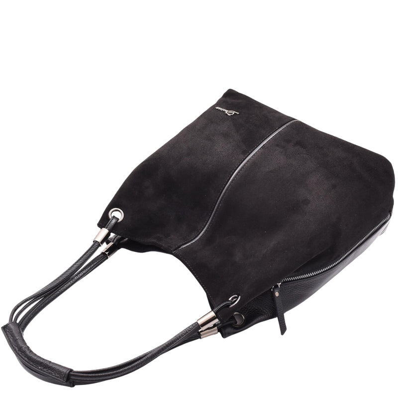 Womens Leather Suede Shoulder Bag Zip Large Black Hobo Audrey 5