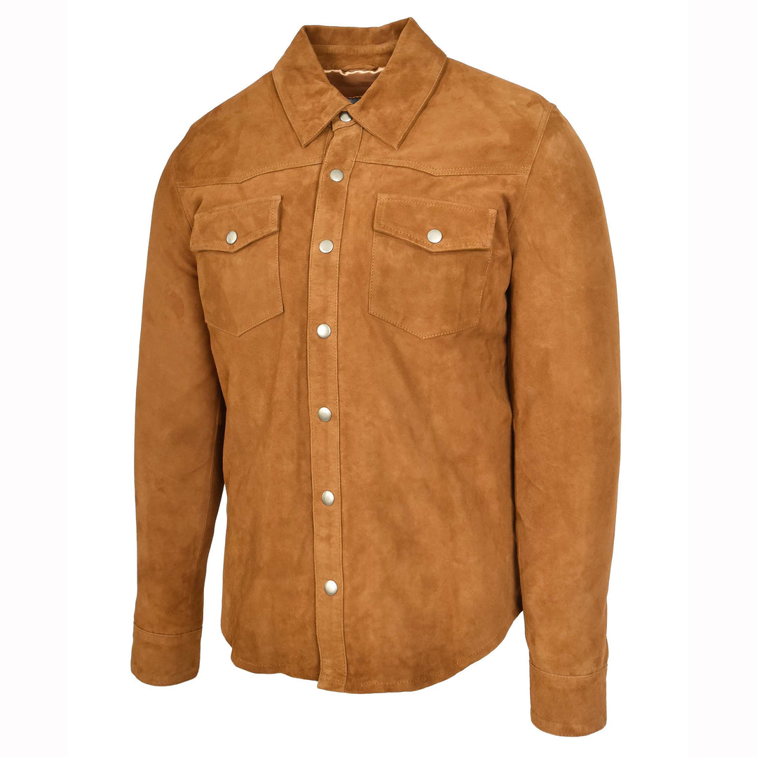 Mens Real Goat Suede Shirt Western Trucker Jacket Oliver Cognac 5