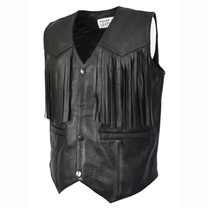 Men's Cowhide Leather Biker Waistcoat Fringe's Western Vest Warden Black 5